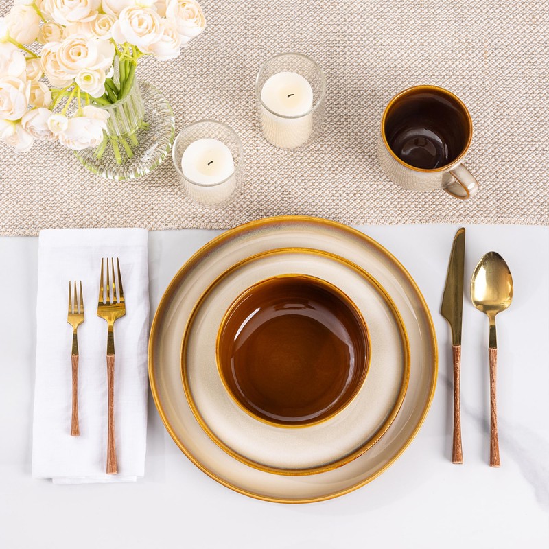 LeRatio Ceramic Dinnerware Sets for 6,Poreclain Plates and Bowls Sets,Handmade