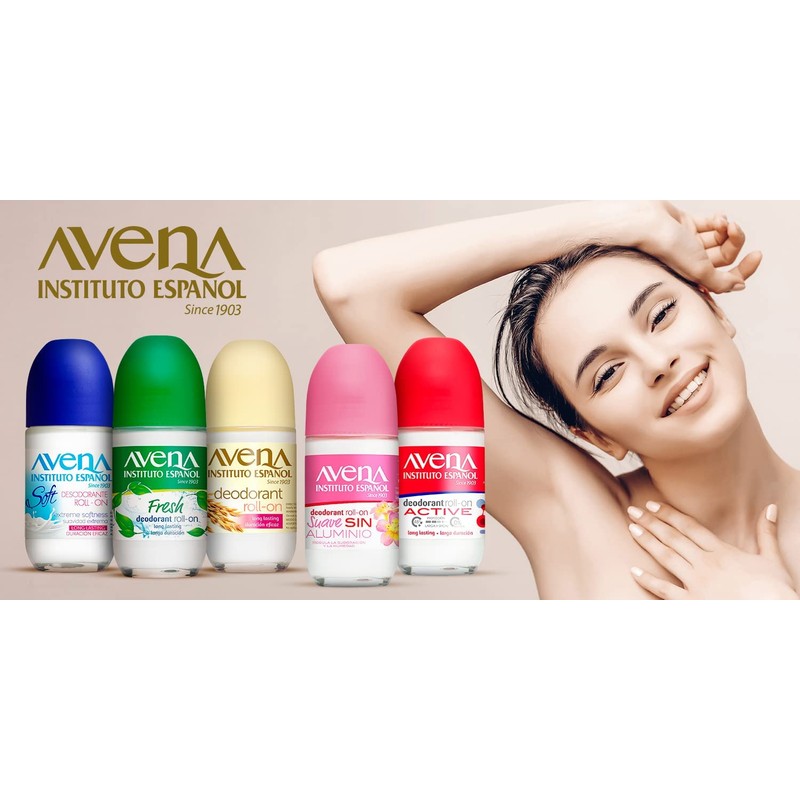 Avena Instituto Espanol Deodorant Roll-On Suave, Long-Lasting, Non-Alcohol, 2-Pack of