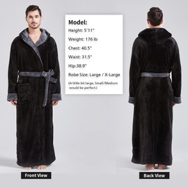 FashGudim Mens Hooded Plush Bathrobe Full Length Fluffy Bathrobe for Big and Strong Men Warm Fleece Bathrobes, black/grey