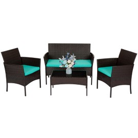 FDW | 4-Piece Patio Furniture Set | Brown & Blue | Outdoor Wicker Furniture with Coffee Table | Modern Rattan Chairs Conversation Set | Outdoor Seating | Weather-Resistant | for Porch, Garden, Lawn