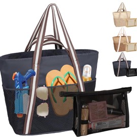 LUKIUP Family Beach Bag, XL Swimming Bag with Mini Swimming Bag, Beach Bag, Shopping Bags for Travel, Shopping and Everyday Use (Black), Black grid