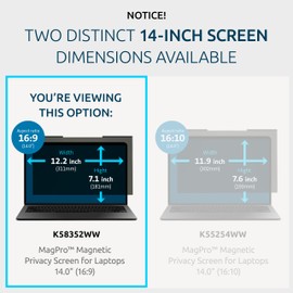 Kensington MagPro™ Magnetic Laptop Privacy Screen 14 inch, Removable 16:9 Laptop Privacy Filter, Anti-Glare, Blue Ray Reduction, Compatible with HP/Dell/Acer/Asus/Samsung/Lenovo (K58352WW)