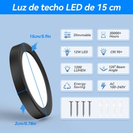 Lámparas para Recámara 15cm 6500K 12W Paquete de 2, Lámpara de Techo LED para Baño, Redonda Plafon Modernas para Cocina/Pasillo/Armario/Baño/Sala (Negro)