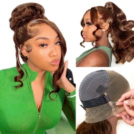 20 Inch Hidden Strap Drawstring Wig 360 Lace Front Wigs Human Hair Pre Plucked, 200 Density Chocolate Brown Lace Front Wig Body Wave Frontal 360 Full Lace Human Hair Wigs, HD Lace Front Wigs Glueless