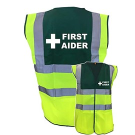 Premium First Aider Yellow Green Hi Vis Viz Reflective Safety Vest Waistcoat, Reflective High Visibility, Medium