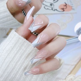 24 PCS Long Fake Nails French False Nails Pink & White False Nails Lines with Glossy Designs Fake Nails Full Cover Fake Nails Art for Women and Girls's Daily Decoration