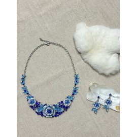 MMonesu Crystal Flower Bib Statement Necklace Set Chunky Blue Flower Statement Necklace & Earrings Drama Bib Collar Jewelry Set for Women Prom Party Jewelry