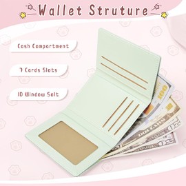 GGUFAY Niedliche Geldbörse für Damen, kleine Damengeldbörse Kätzchen, PU-Leder, Bifold Kartenhalter, Ausweisfenster, Geldbörse für Frauen und Mädchen (Hellgrün)