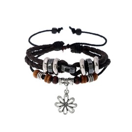 QDHUAN Braided Leather Bracelet Set for Men Women Shield Wood Bead Charm Wristband Bolo Bracelet Ethnic Tribal Rope Wristbands Bracelets Set Adjustable