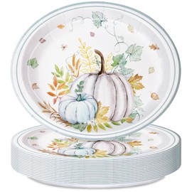 QIYANPAX 25 Pcs Fall Paper Plates Large 9" X 11" Thanksgiving Pumpkins Maple Leaf Disposable Autumn Dinnerware for Harvest Thanksgiving Party Decorations