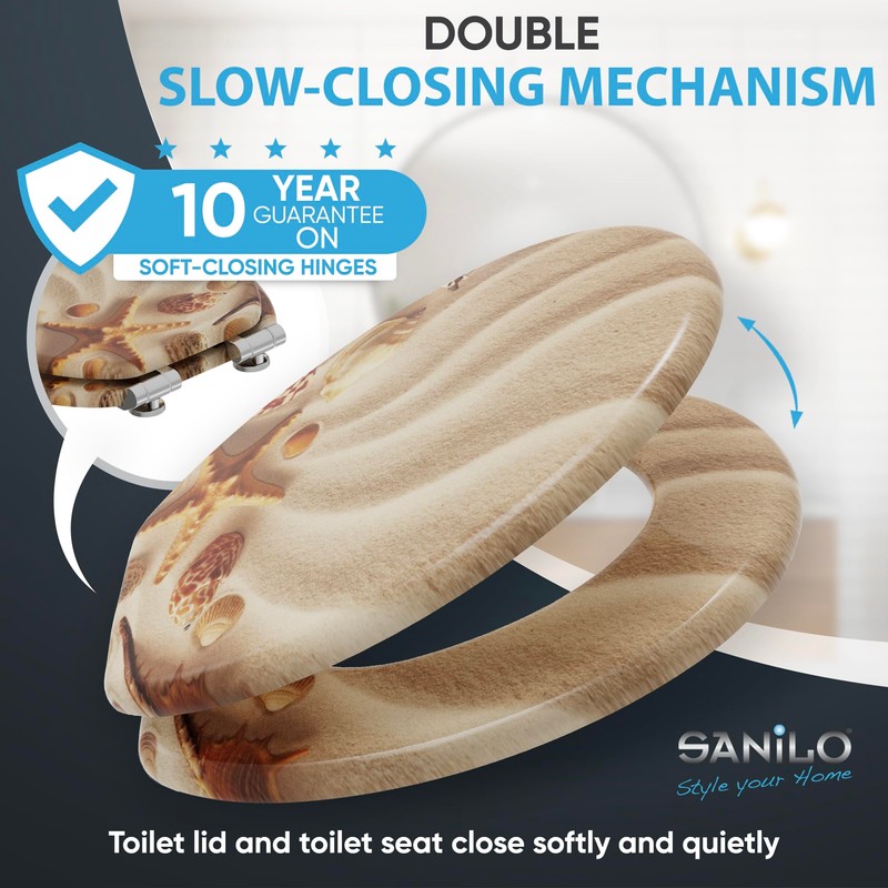 SANILO Wooden Toilet Seat with Soft Close [ROUND] - Decorative,