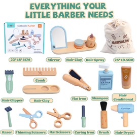 Wooden Makeup Toy Set -Hair Salon Toys - Kids Pretend Play -Beauty Salon Hair Kit - Functional Stylist Accessories with Hair Dryer Curling Iron - Christmas & Birthday Gift for Children