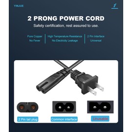 TV Power Cord Cable fit for Hisense TV 50H8C 50H6C 50H5C 50K23DG 55H5C 55H8C 55R6E 65R6E and More Model Universal Replacement 2 Prong AC Power Cord 6 ft