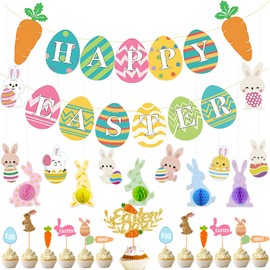 39Pcs Easter Decorations, Bunny Eggs Hanging Party Decorations, Happy Easter Banner with Carrot 3D Honeycomb Ornaments and Cupcake Toppers Decorations for Home Party Supplies