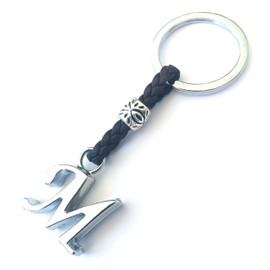 Personalisierter Leder-Schlüsselanhänger mit Initialen - Versilberte Zamak-Buchstaben und Perlen - Schlüsselanhänger für Männer oder Frauen - Ideal zum Verschenken (M)