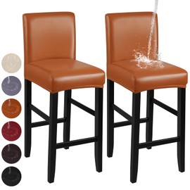 YISUN Bar Stool Covers, Stretch Waterproof PU Bar Stool Slipcover Removable Washable Bar Stool Chair Covers, High Chair Cover with Elastic Bands (2 Pack, Light Brown)