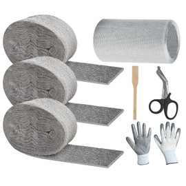 Steel Wool Mice Control, 3 Pack 2.75" x 13FT 0000 Steel Wool for Mice Control & 1 Pack 5" x15FT Stainless Wire Mesh with Wooden Stick & Gloves & Scissors, Hole Filler for House Walls Garden Garage