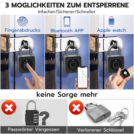 Eseesmart Smart Lock - Lock with Fingerprint Bluetooth App iWatch Open, Padlock Fingerprint with Cable Lock, Waterproof Padlock for Locker Bicycle Gym