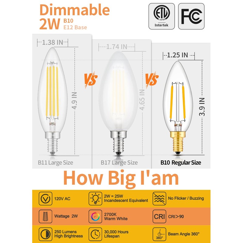 CRLight 2W 250LM LED Candelabra Bulb 2700K Warm White, 25W