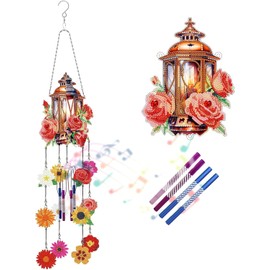 Diamond Painting Wind Chimes Kit, 5D DIY Dot Diamond Crystal Flower Cage, Double-Sided Pattern Hanging Ornament, Art Suncatchers Indoor Outdoor Home Garden Wall Door Decor (Rose Lantern)