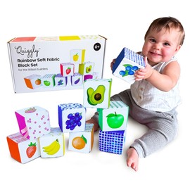 Quiggly Rainbow Soft Baby Blocks - 8 Colorful, Montessori Sensory Blocks for Babies & Toddlers- 100% Cotton, Non-Toxic Play Set with Rattle, Crinkle, Textures- Stacking Building Blocks for 3-12 Months