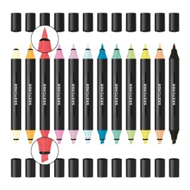 Molotow Sketcher Twinmarker Main Kit 2 (Brush Tip & 3 mm Chisel Tip, Colour-Intensive Aqua Pro Ink, Quick-Drying, for Use on Paper) 12 Pens, Multi-Colour