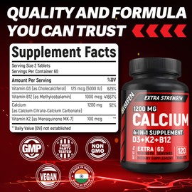 Calcium 1200 mg with 5000 IU Vitamin D3, 100mcg Vitamin K2, 1000mcg Vitamin B12-120 Tablets