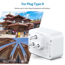 Travel Adapter for India, Plug Adapter Germany to India with 2 USB-C Ports and 2 USB A, Travel Plug Type D for India, Kuwait, Namibia, Nepal, Pakistan, Qatar, Sri Lanka, Yemen - White