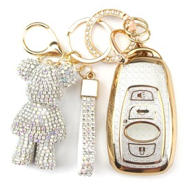 Rayslesan Cute Key Fob Cover with Rhinestone Bear Charm, Bling TPU Smart Key Case for Women, Compatible with Subaru Ascent Forester WRX Crosstrek Impreza Outback Legacy STI BRZ (4-Button, Gold White)