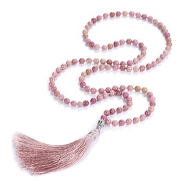 JSDDE 108 Mala Prayer Beads Wrap Bracelet Natural Rhodochrosite Crystals Gemstone Meditation Necklace Jewelry with Tassel