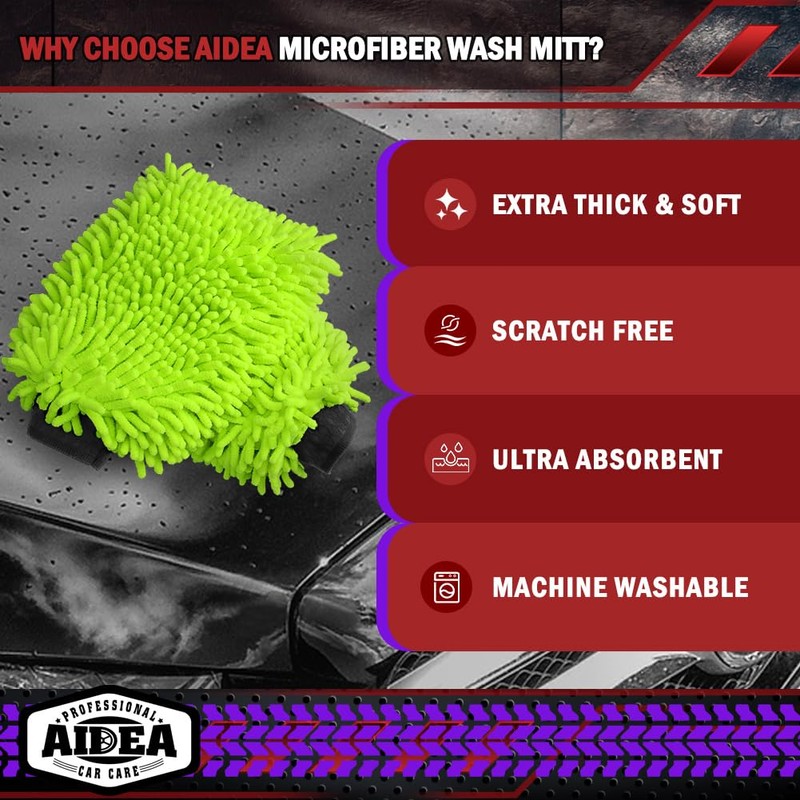 AIDEA Car Wash Mitt Microfiber, 1PK, Car Wash Brush, Green,