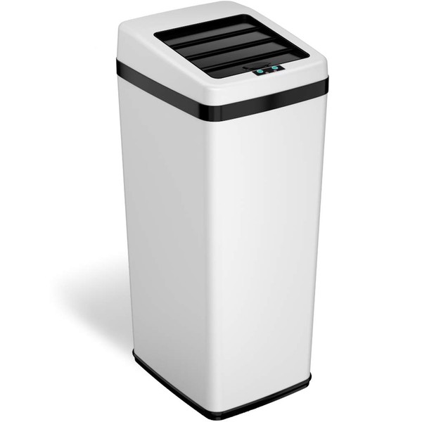 iTouchless 14 Gallon Sliding Lid Automatic Sensor Trash Can with Odor Filter System, 52 Liter White Steel Touchless Kitchen Garbage Bin
