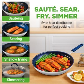 12" Fry Pan With Lid - Large Skillet Nonstick Frying Pan with Silicone Handle, Ceramic Coating, Blue Silicone Handle, Stain-Resistant, Easy To Clean, Professional Home Cookware