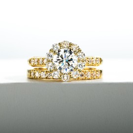 Idocare All Moissanite Wedding Rings Set Main Stone 1ct D Color Round Cut 14K Yellow Gold Plated 925 Sterling Silver Promise Anniversary Engagement Bridal Rings for Women size 5