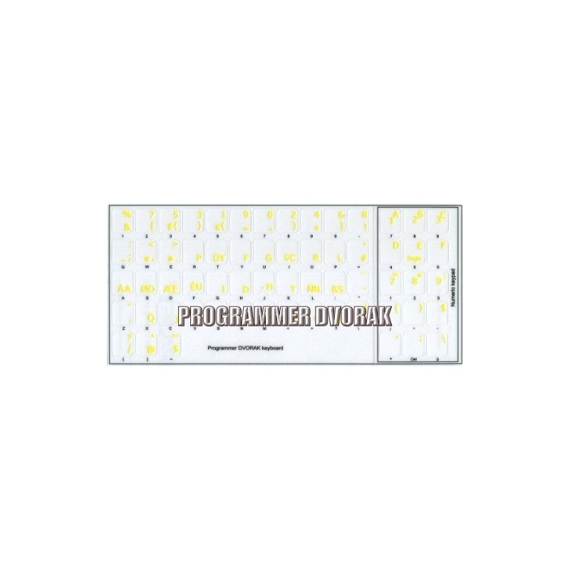 Dvorak Programmer Keyboard Labels Layout ON Transparent Background with Blue,