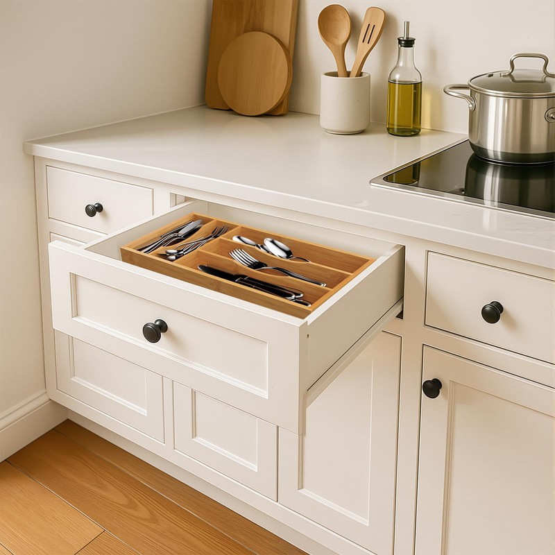 Bayting Bamboo Silverware Organizer, Small Kitchen Drawer Cutlery Organizer, Utensil