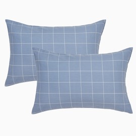 JELLYMONI 100% Natural Cotton Checkered Standard Pillowcases Set, 2 Pack Blue Checkered Pattern Printed Pillow Covers with Envelope Closure (Pillows are not Included)