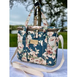 Kwang Min Floral Insulated Picnic Cooler Bag,Reusable Large Lunch Bag for Women,Cooler Bag for Outdoors,Boating,Beach,Party,Premium Waterproof Fabric,Adjustable Strap,Ideal Floral Bag (Navy Peony)