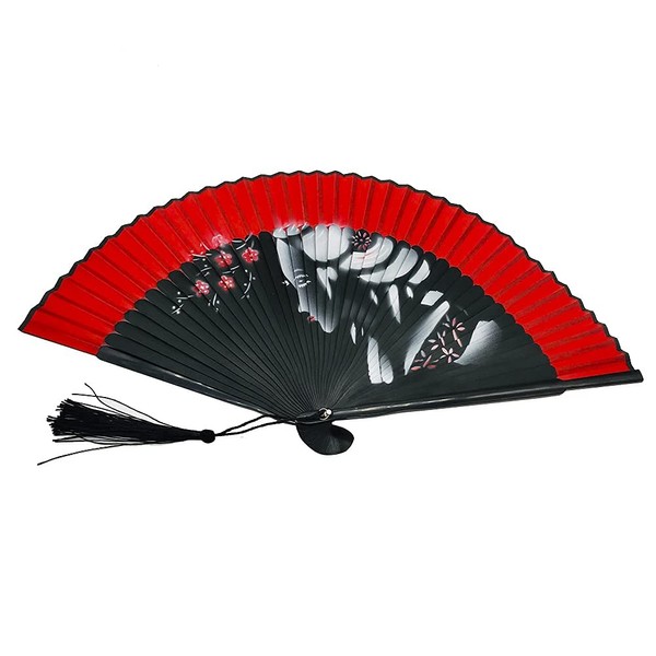 1SourceTek Silk Hand Held Fan 8.27 inches (21cm) Hand Fans for Women Folding, Hand Fan Folding - Chinese Retro Style (Red Plum Girl)