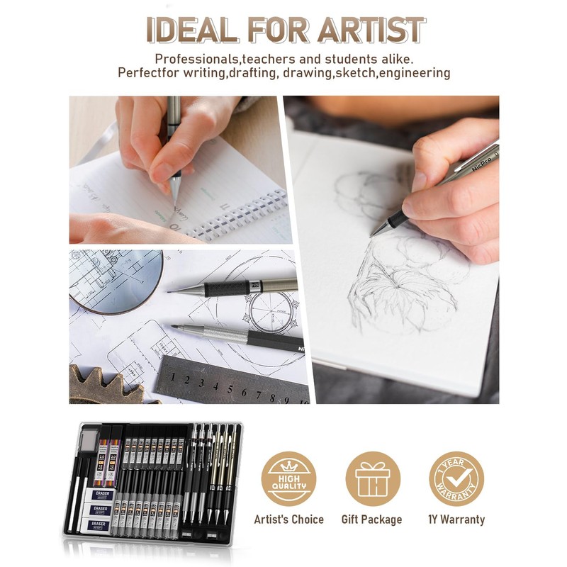 Nicpro 35PCS Art Mechanical Pencil Set, 3 PCS Metal Drafting