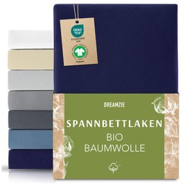 Dreamzie Premium Fitted Sheet 90 x 200 cm to 100 x 200 cm Dark Blue, Fitted Sheet Made from 100% Jersey Organic Cotton, 150 g/m² - Oeko-Tex