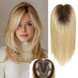 14 Inch Real Human Hair Toppers 4.7x5.1 Inch Lage Base No Bangs Real Human Hair Toppers for Women with thinning hair loss (#Ash Roots Ombre Blonde Honey)