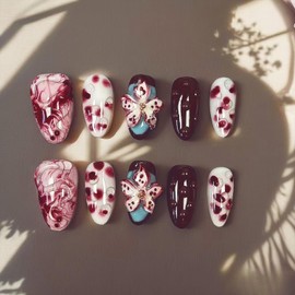 Handmade Press on Nails Medium Almond Fake Nails Red 3D False Nails Luxury Charm Flower Full Cover Stick on Nails Rhinestone Glue on Nails Floral Nails Acrylic Nails for Women Girls (Painting Water M)