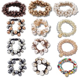 12PCS Fancy Pearl and Rhinestone Hair Ties for Women, Beaded Ponytail Holders with Fancy Decorative Ponytail Holder, Elegant Rhinestone Hair Tie Bracelets, Pretty Pearl Scrunchies for Girls(12PCS,A)
