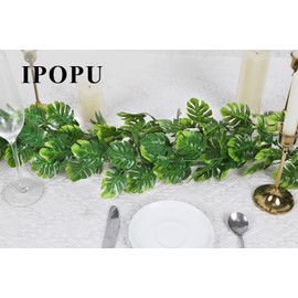 IPOPU 4PCS Artificial Monstera Leaf Ivy Vines with Light Strings, 5.7FT Faux Tropical Palm Leaf Garland Fake Monstera Hanging Greenery Plant for Garden Jungle Hawaiian Party Porch Patio Outdoor Decor