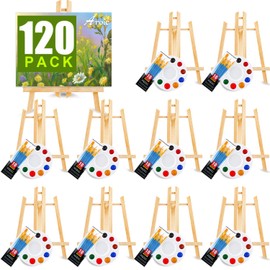 AROIC 120 PCS Painting Supplies Set with 10 PCS Wood Easels, 10 Packs of 100 Brushes with Nylon Brush Head and 10 PCS Palettes, Tabletop Wooden Art Easel for Kids & Adults Sip and Paint Party