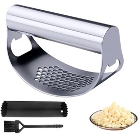 Nuevo prensa-ajo rocker 2025, versión portátil manual de acero inoxidable. incluye pelador, espátula recogedora y cepillo de limpieza. (1, Acero inoxidable)