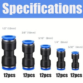 aikoolwer 60 Pcs Quick Connect Straight Push Connectors 1/2 '' 3/8 '' 5/16 '' 1/4 '' 5/32'' OD Push-to-Connect Fittings Release Pneumatic Air Line Hose Kit for 4mm -12mm OD Tube