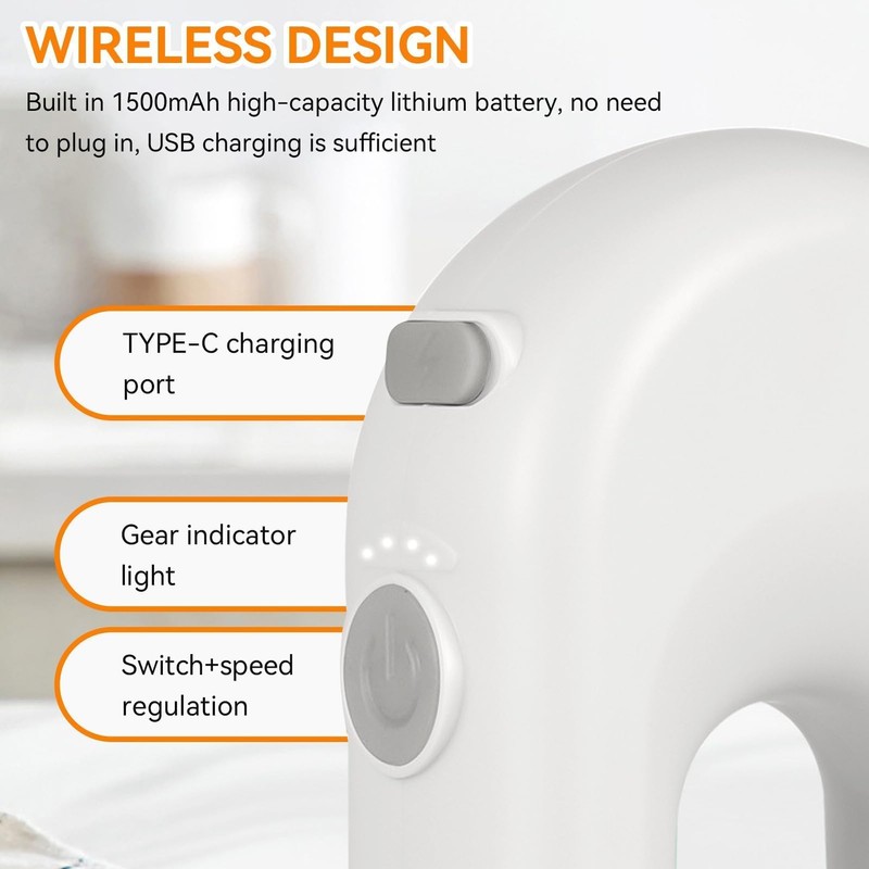 Cordless Hand Mixer, Handheld Egg Beater Electric Handheld 4 Speed