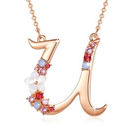 Flower Initial Letter Necklace, Pink Red Blue Simulated Pearl Pendant Name Jewelry Made with Austrian Crystals Rose Gold Plated Anniversary Birthday Gifts for Women,18"+2" (U)